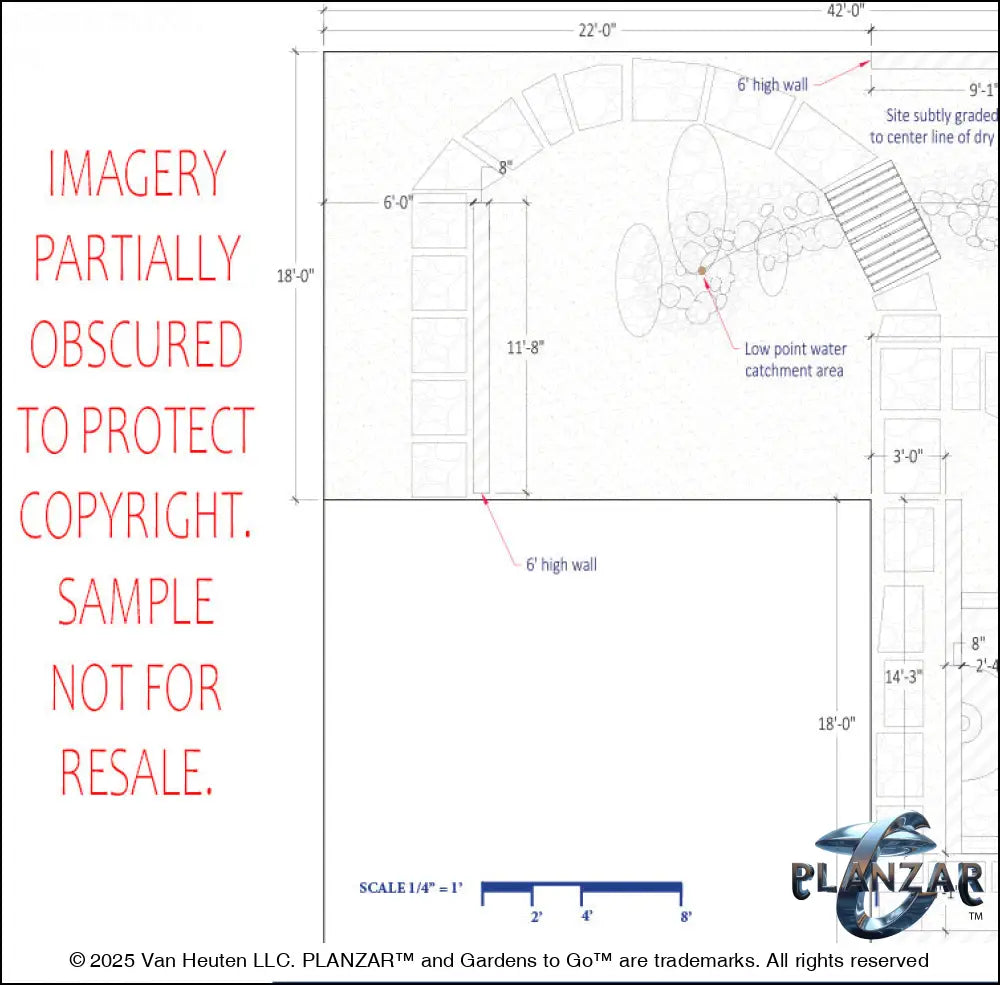 Architectural dimensions plan and layout for the L‑shaped Southwestern landscape design, showing scaled measurements, structural outlines, and spatial relationships for accurate installation. Includes the lot footprint, stone patio zones, shade‑structure placement, outdoor fireplace, water feature, steps, dry stream, steppingstone paths, grilling area, and curated xeric planting—supporting the luxury, low‑maintenance, low‑water‑use Southwestern style.
