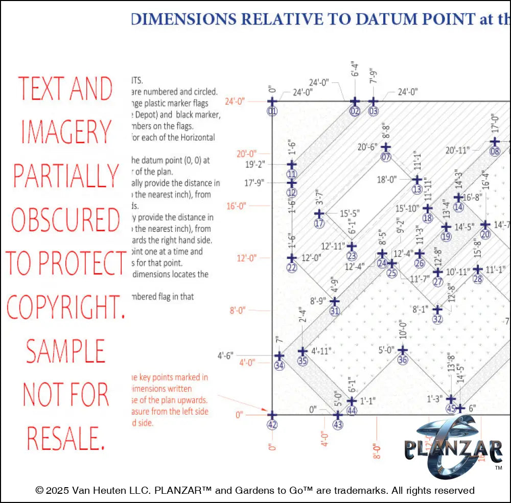 Architectural dimensions plan and layout for the rectangular Secret Garden landscape design, showing scaled measurements, structural outlines, and spatial relationships for accurate installation. Includes the lot footprint, wood‑patio and pathway zones, shade‑structure placement, elegant pergola, sculptural water feature, refined dining and seating areas, small lawn areas, contemporary grilling zones, and curated xeric planting—supporting the luxury, low‑maintenance, low‑water‑use Secret Garden style.