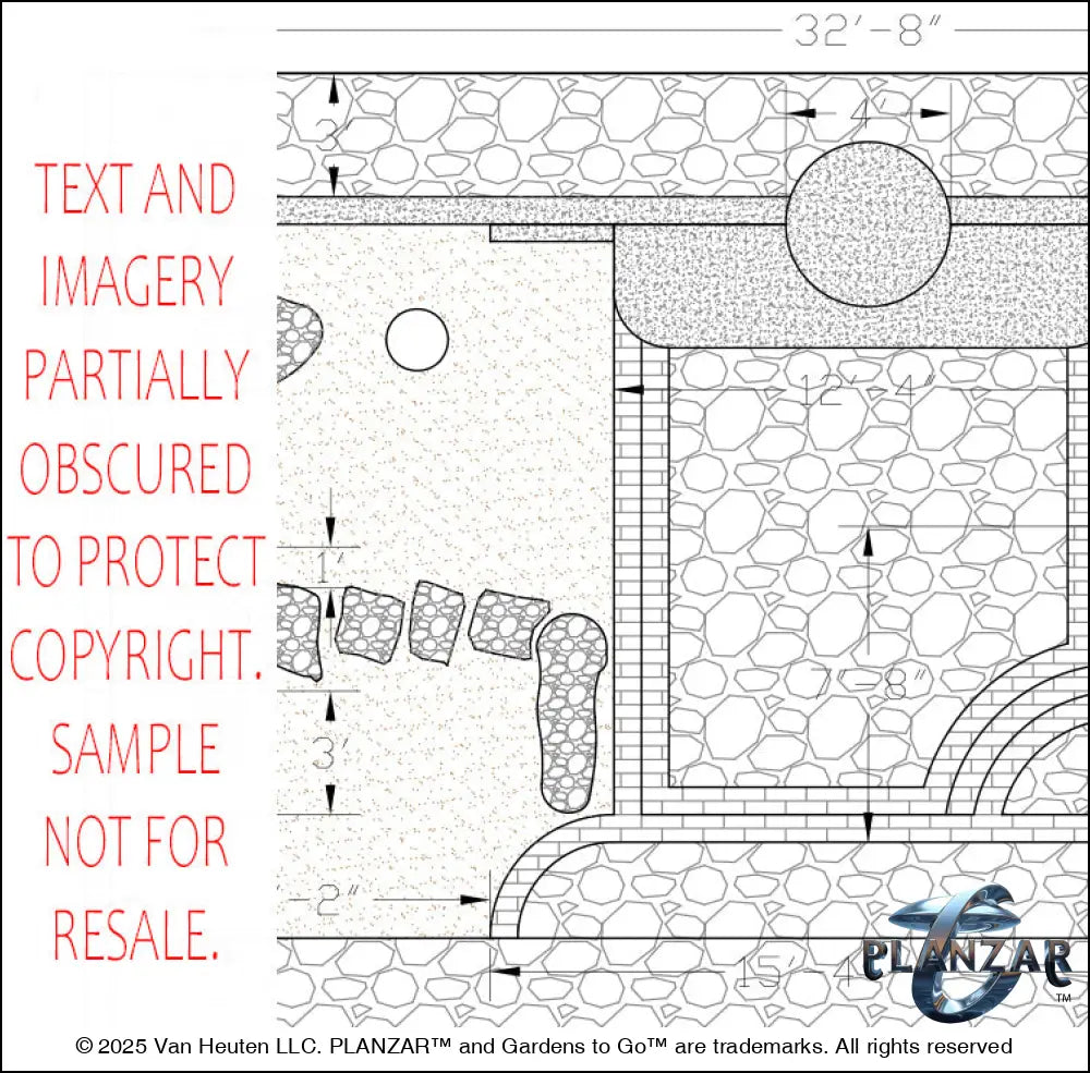 Architectural dimensions plan and layout for the rectangular Southwestern landscape design, showing scaled measurements, structural outlines, and spatial relationships for accurate installation. Includes the lot footprint, stone patio zones, pergola placement, sculptural water feature, modern outdoor fireplace, refined dining and seating areas, small lawn areas, contemporary grilling zones, and curated xeric planting—supporting the luxury, low‑maintenance, low‑water‑use Southwestern style.