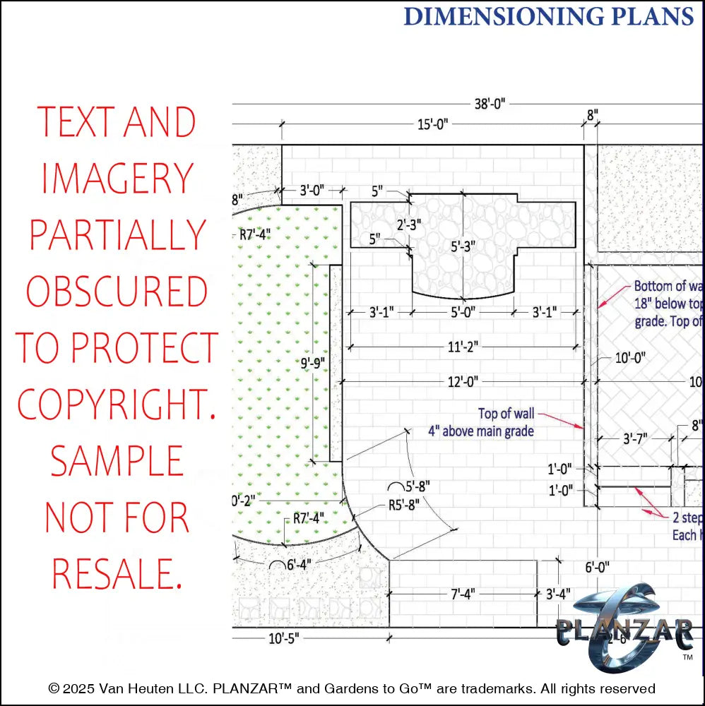 Architectural dimensions plan and layout for the rectangular Italian Tuscan landscape design, showing scaled measurements, structures, and spatial relationships for installation. Includes the lot footprint, brick and stone patio zones, shade‑structure placement, elegant pergola, sculptural water feature, modern outdoor fireplace, sunken garden areas, refined dining and seating zones, lawn area, grilling area, and curated xeric planting—supporting the luxury, low‑maintenance, low‑water‑use Tuscan style.