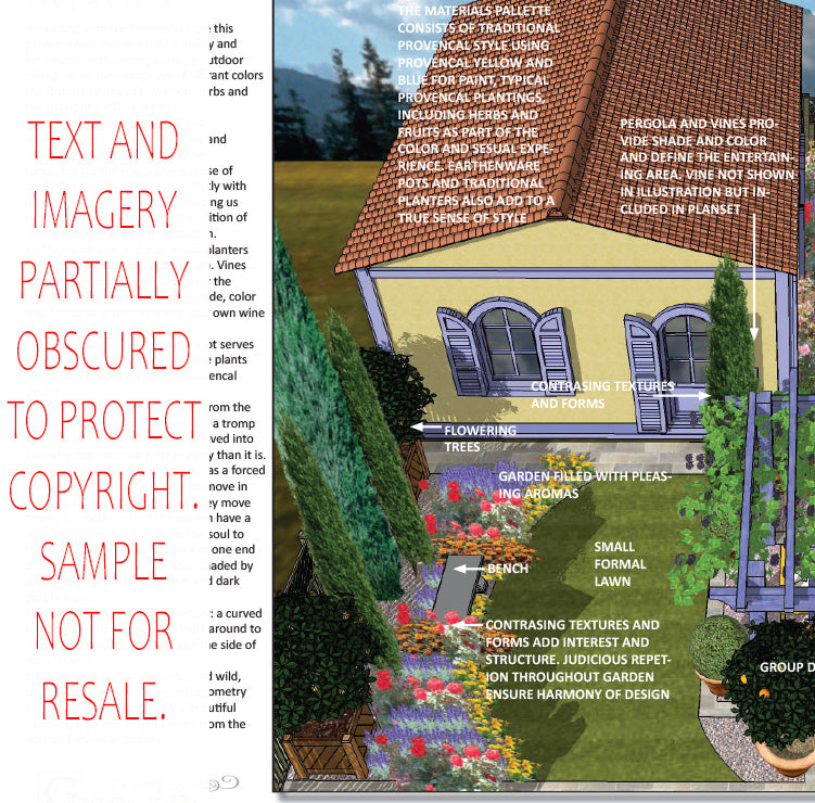 “Design overview for the L‑shaped French Provençal landscape plan, outlining the layout logic behind the custom pergola, sculptural water feature, stone patio spaces, refined dining and seating areas, elegant low walls, small lawn areas, and curated xeric planting. Highlights the luxury, low‑maintenance, low‑water‑use outdoor style inspired by timeless Provençal charm.