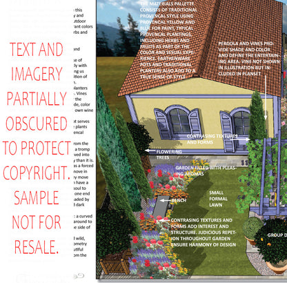 “Design overview for the L‑shaped French Provençal landscape plan, outlining the layout logic behind the custom pergola, sculptural water feature, stone patio spaces, refined dining and seating areas, elegant low walls, small lawn areas, and curated xeric planting. Highlights the luxury, low‑maintenance, low‑water‑use outdoor style inspired by timeless Provençal charm.