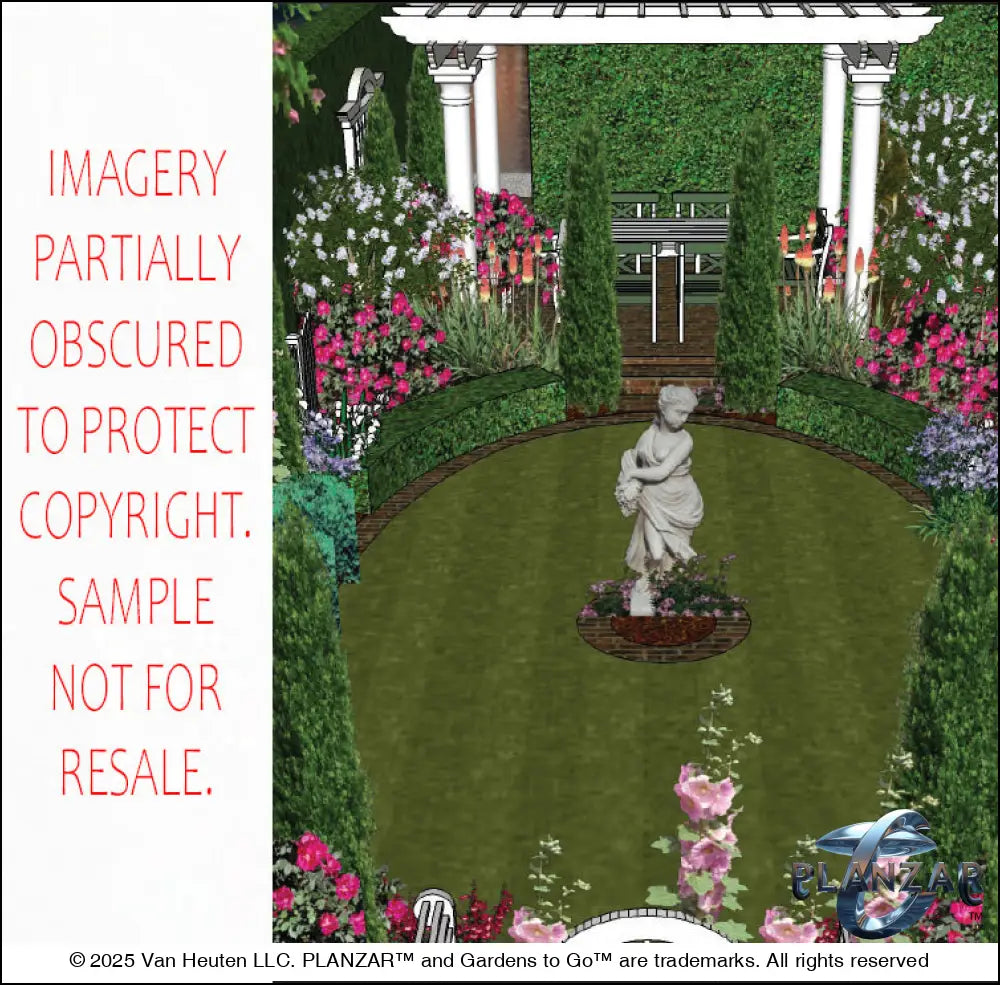 3D color rendering of the L‑shaped American Colonial landscape design, featuring a custom shade structure, sculptural water feature, brick patio spaces, refined dining and seating areas, small lawn areas, steps, a traditional grilling zone, and curated xeric planting. A luxury, low‑maintenance, low‑water‑use outdoor space blending modern living with timeless Colonial style.