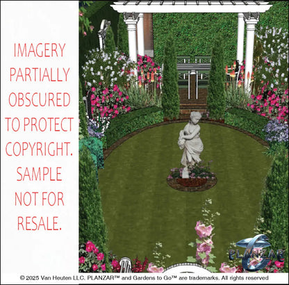 3D color rendering of the L‑shaped American Colonial landscape design, featuring a custom shade structure, sculptural water feature, brick patio spaces, refined dining and seating areas, small lawn areas, steps, a traditional grilling zone, and curated xeric planting. A luxury, low‑maintenance, low‑water‑use outdoor space blending modern living with timeless Colonial style.