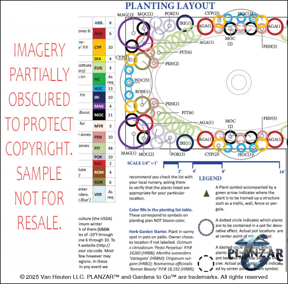 Plant list and layout for the L‑shaped American Colonial landscape design, showing plant symbols, quantities, species abbreviations, and placement across the lot. Includes a color‑coded legend, pot indicators, and zone notes to guide accurate installation and long‑term care of the curated xeric planting used in this luxury, low‑maintenance, low‑water‑use plan blending modern outdoor living with timeless Colonial style.