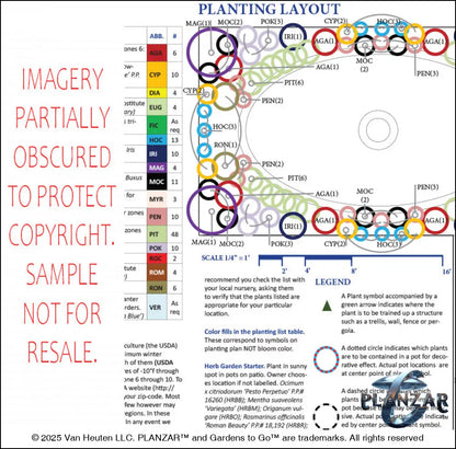 Plant list and layout for the L‑shaped American Colonial landscape design, showing plant symbols, quantities, species abbreviations, and placement across the lot. Includes a color‑coded legend, pot indicators, and zone notes to guide accurate installation and long‑term care of the curated xeric planting used in this luxury, low‑maintenance, low‑water‑use plan blending modern outdoor living with timeless Colonial style.