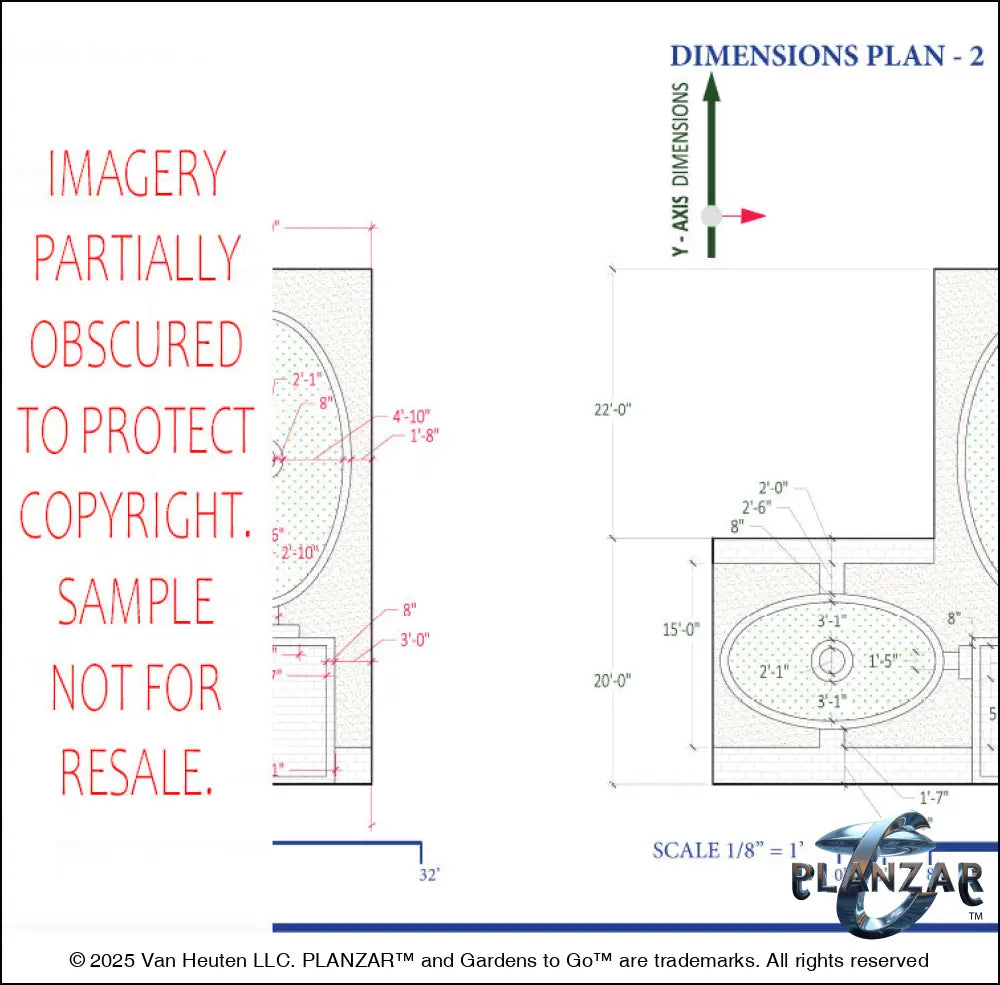 Architectural dimensions plan and layout for the L‑shaped American Colonial landscape design, showing scaled measurements, structural outlines, and spatial relationships for accurate installation. Includes the lot footprint, brick patio zones, shade‑structure placement, sculptural water feature, refined dining and seating areas, small lawn areas, steps, traditional grilling zone, and curated xeric planting—supporting the luxury, low‑maintenance, low‑water‑use Colonial style.