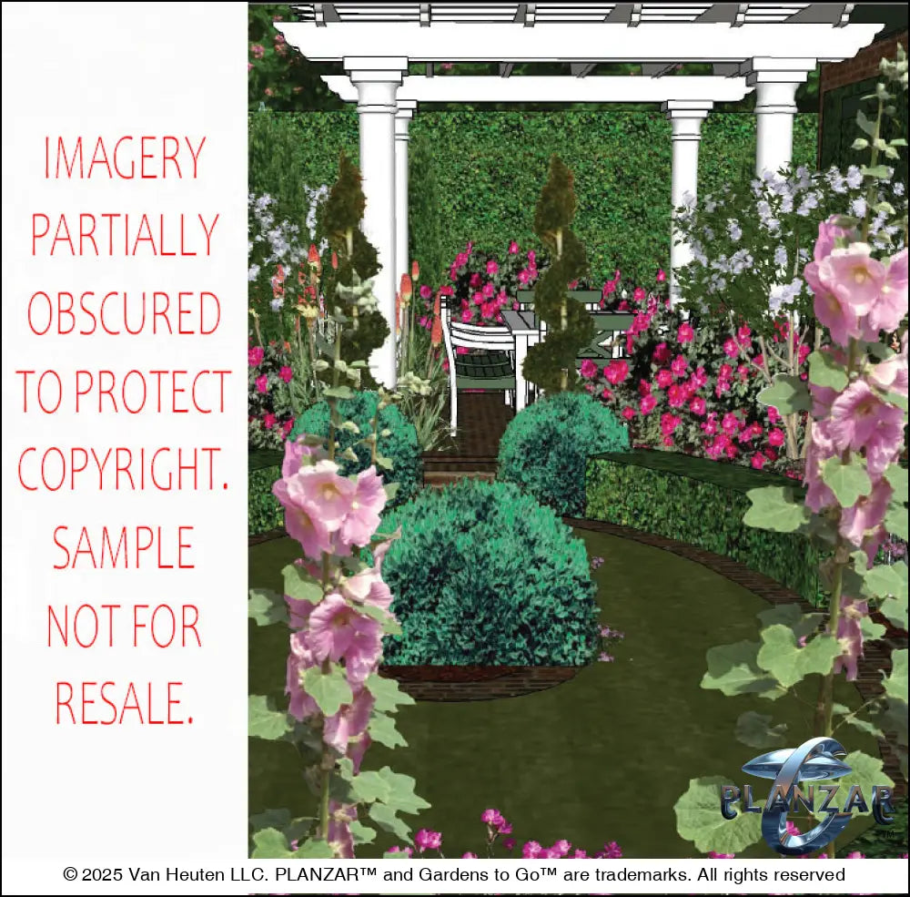 3D color rendering of the L‑shaped American Colonial landscape design, featuring a custom shade structure, sculptural water feature, brick patio spaces, refined dining and seating areas, small lawn areas, steps, a traditional grilling zone, and curated xeric planting. A luxury, low‑maintenance, low‑water‑use outdoor space blending modern living with timeless Colonial style.