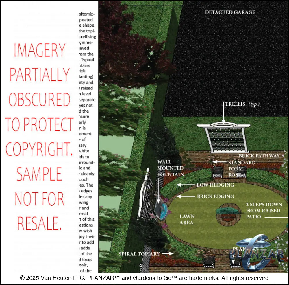 Design overview for the L‑shaped American Colonial landscape plan, outlining the layout logic behind the custom shade structure, sculptural water feature, brick patio spaces, refined dining and seating areas, small lawn areas, steps, traditional grilling zone, and curated xeric planting. Highlights the luxury, low‑maintenance, low‑water‑use outdoor style blending modern living with timeless Colonial character.