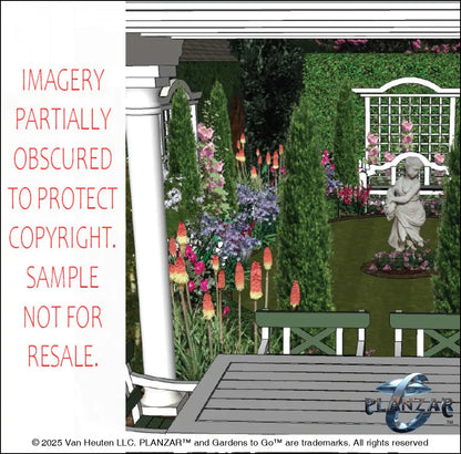 3D color rendering of the L‑shaped American Colonial landscape design, featuring a custom shade structure, sculptural water feature, brick patio spaces, refined dining and seating areas, small lawn areas, steps, a traditional grilling zone, and curated xeric planting. A luxury, low‑maintenance, low‑water‑use outdoor space blending modern living with timeless Colonial style.