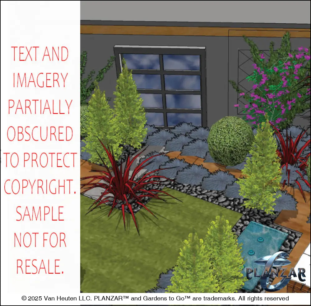 3D color rendering of the L‑shaped Contemporary Chic landscape design, featuring a custom shade structure, sculptural water feature, wood‑decking and concrete patio spaces, refined dining and seating areas, small lawn areas, contemporary grilling zones, and curated xeric planting. A luxury, low‑maintenance, low‑water‑use outdoor space with a sleek, modern, design‑forward aesthetic.