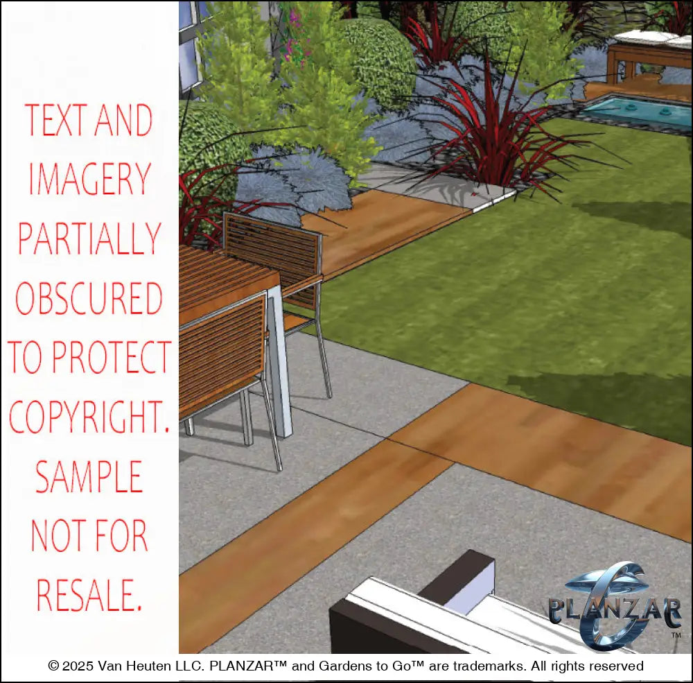 3D color rendering of the L‑shaped Contemporary Chic landscape design, featuring a custom shade structure, sculptural water feature, wood‑decking and concrete patio spaces, refined dining and seating areas, small lawn areas, contemporary grilling zones, and curated xeric planting. A luxury, low‑maintenance, low‑water‑use outdoor space with a sleek, modern, design‑forward aesthetic.
