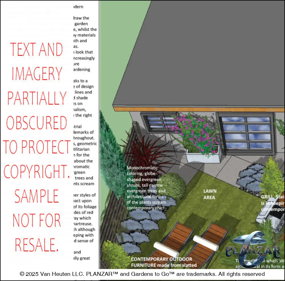 Design overview for the L‑shaped Contemporary Chic landscape plan, outlining the layout logic behind the shade structure, sculptural water feature, wood‑decking and concrete patio spaces, refined dining and seating areas, small lawn areas, contemporary grilling zones, and curated xeric planting. Highlights the luxury, low‑maintenance, low‑water‑use, design‑forward outdoor style.