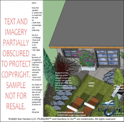Design overview for the L‑shaped Contemporary Chic landscape plan, outlining the layout logic behind the shade structure, sculptural water feature, wood‑decking and concrete patio spaces, refined dining and seating areas, small lawn areas, contemporary grilling zones, and curated xeric planting. Highlights the luxury, low‑maintenance, low‑water‑use, design‑forward outdoor style.