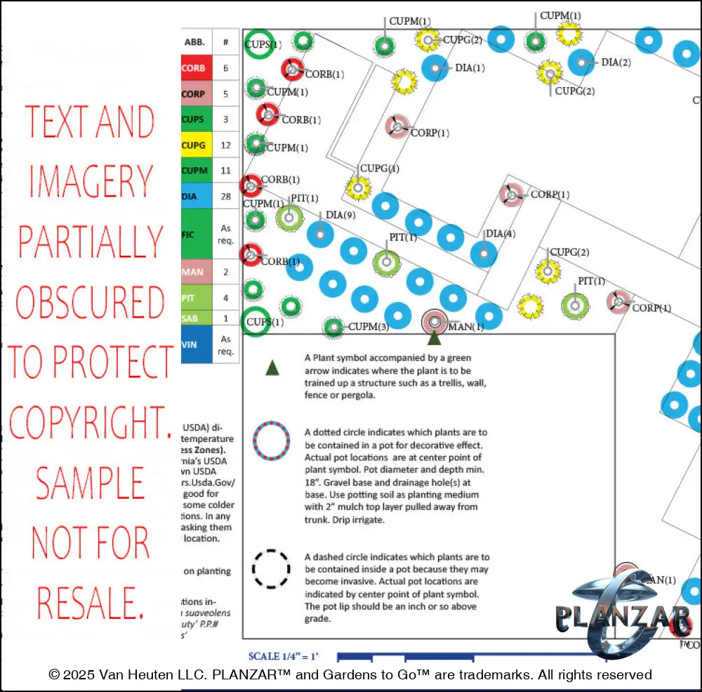 Plant list and layout for the L‑shaped Contemporary Chic landscape design, showing plant symbols, quantities, species abbreviations, and placement across the lot. Includes a color‑coded legend, pot indicators, and zone notes to guide accurate installation and long‑term care of the curated xeric planting used in this luxury, low‑maintenance, low‑water‑use, design‑forward outdoor plan.