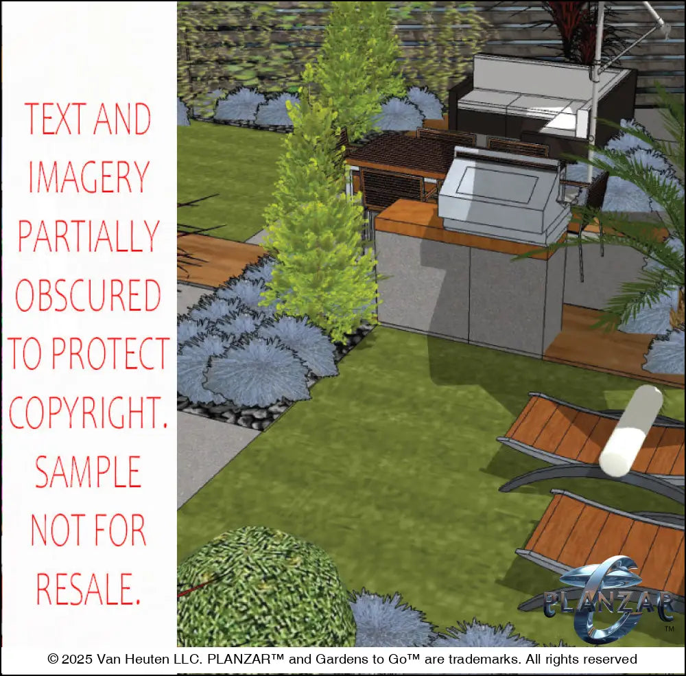 3D color rendering of the L‑shaped Contemporary Chic landscape design, featuring a custom shade structure, sculptural water feature, wood‑decking and concrete patio spaces, refined dining and seating areas, small lawn areas, contemporary grilling zones, and curated xeric planting. A luxury, low‑maintenance, low‑water‑use outdoor space with a sleek, modern, design‑forward aesthetic.