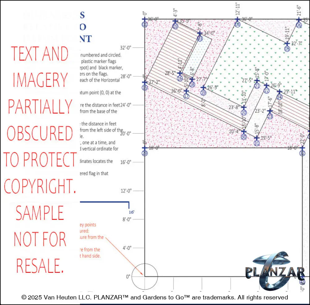 Architectural dimensions plan and layout for the L‑shaped Contemporary Chic landscape design, showing scaled measurements, structural outlines, and spatial relationships for accurate installation. Includes the lot footprint, wood‑decking and concrete patio zones, shade‑structure placement, sculptural water feature, refined dining and seating areas, small lawn areas, contemporary grilling zones, and curated xeric planting—supporting the luxury, low‑maintenance, low‑water‑use, design‑forward style.