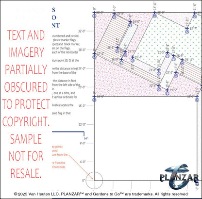 Architectural dimensions plan and layout for the L‑shaped Contemporary Chic landscape design, showing scaled measurements, structural outlines, and spatial relationships for accurate installation. Includes the lot footprint, wood‑decking and concrete patio zones, shade‑structure placement, sculptural water feature, refined dining and seating areas, small lawn areas, contemporary grilling zones, and curated xeric planting—supporting the luxury, low‑maintenance, low‑water‑use, design‑forward style.