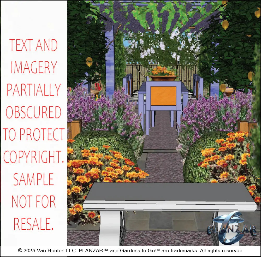 Digitally rendered French Provençal Garden scene for L‑shaped lots, featuring a central pathway leading to a shaded dining area beneath a custom pergola with hanging vines and citrus accents. Surrounded by curated xeric planting, colorful flower beds, and manicured greenery, the design includes stone benches, vibrant planting zones, and a refined outdoor living layout. A high‑end, low‑maintenance, low‑water‑use digital landscape image inspired by timeless Provençal charm.