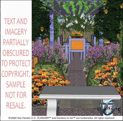 Digitally rendered French Provençal Garden scene for L‑shaped lots, featuring a central pathway leading to a shaded dining area beneath a custom pergola with hanging vines and citrus accents. Surrounded by curated xeric planting, colorful flower beds, and manicured greenery, the design includes stone benches, vibrant planting zones, and a refined outdoor living layout. A high‑end, low‑maintenance, low‑water‑use digital landscape image inspired by timeless Provençal charm.