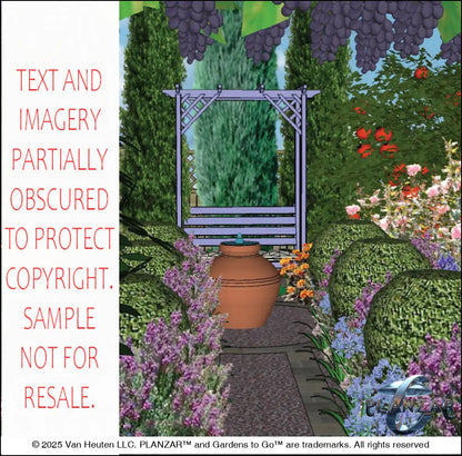 Digitally rendered French Provençal garden scene featuring a terracotta urn fountain centered along a flowering pathway leading to a lavender‑painted arbor framed by tall evergreens. Surrounded by vibrant xeric planting, colorful perennial beds, manicured shrubs, and grapevine accents overhead, this refined outdoor layout evokes timeless Provençal charm. A high‑end, low‑maintenance, low‑water‑use digital landscape image designed for L‑shaped lots.