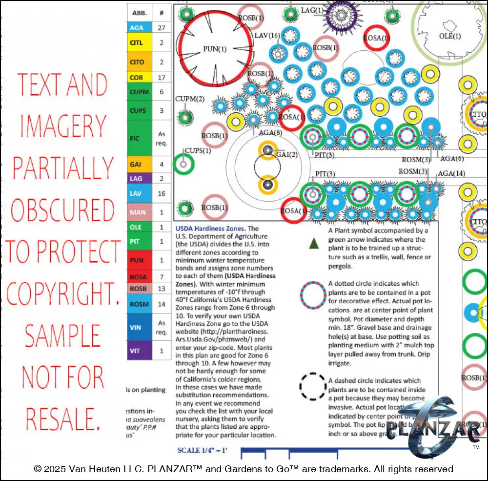 Detailed planting plan for the French Provençal L’Aixois landscape design, showing botanical symbols, plant quantities, species abbreviations, and spatial placement across the L‑shaped lot. Includes a color‑coded legend, pot indicators, trellis‑training markers, and USDA Hardiness Zone guidance to support accurate installation and long‑term maintenance. A high‑end digital landscape plan featuring curated xeric planting for a low‑maintenance, low‑water‑use Provençal garden.