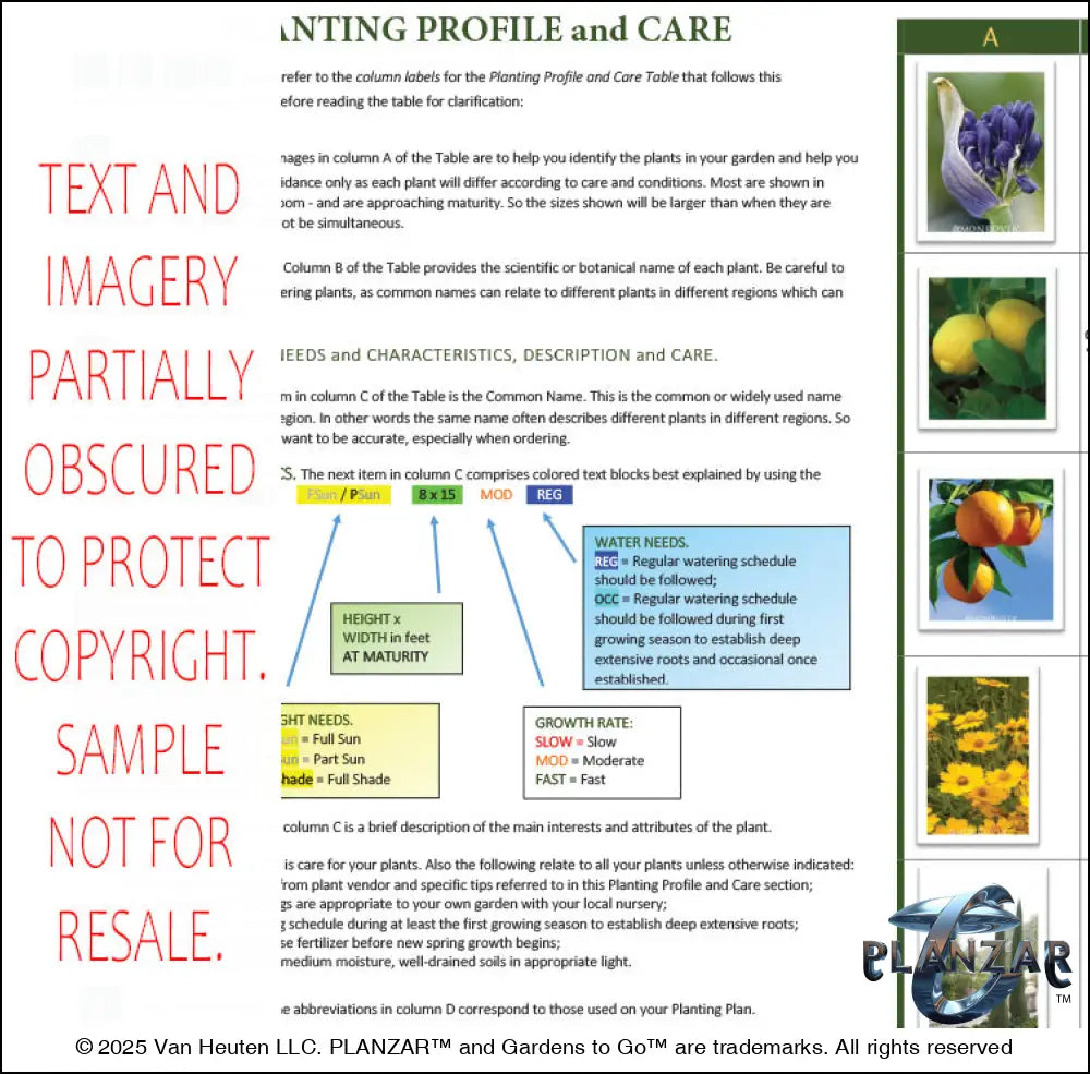 “Planting profile and care manual page for the French Provençal L’Aixois landscape design, featuring plant identification photos, botanical names, color‑coded care indicators, and guidance on light needs, water requirements, growth rates, and mature plant size. Includes a structured chart explaining full sun, part sun, shade, watering schedules, and growth characteristics to support proper installation and long‑term maintenance of this low‑water, low‑maintenance Provençal landscape plan.
