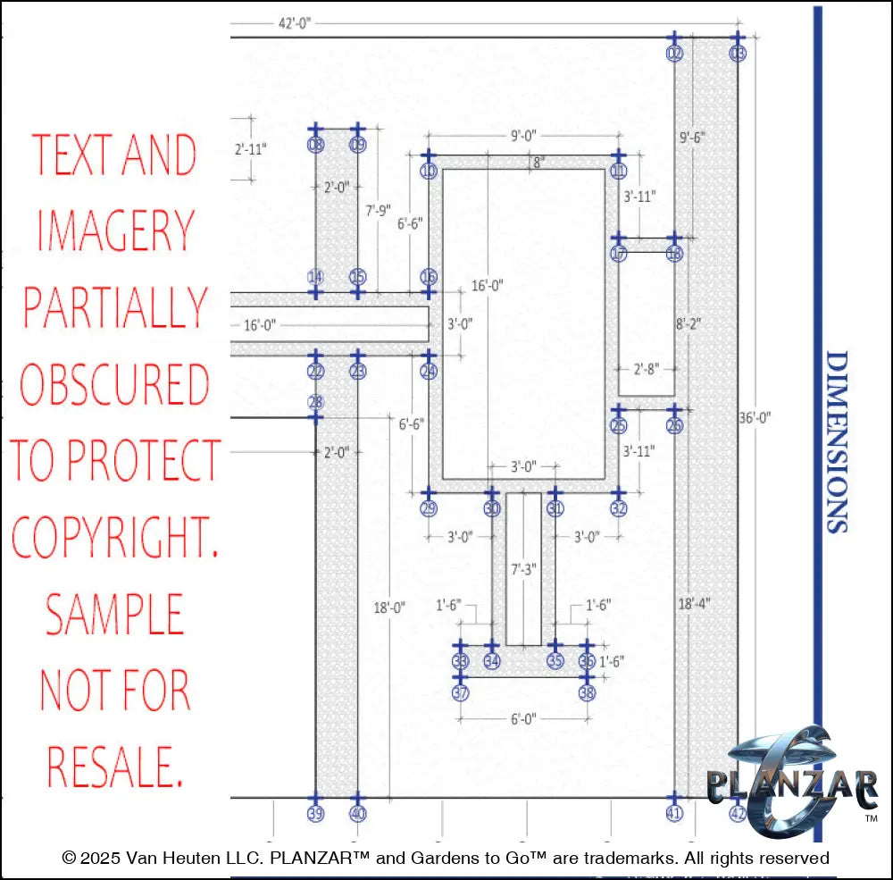 Architectural plan‑view layout and dimensions drawing for the French Provençal L’Aixois landscape design, showing structural measurements, spatial relationships, and the overall footprint of the L‑shaped lot. Includes labeled reference points, wall outlines, and scaled dimensions used to guide construction, layout accuracy, and installation. A high‑end digital landscape plan supporting the luxury, low‑maintenance, low‑water‑use Provençal outdoor design.