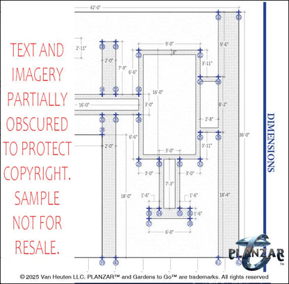 Architectural plan‑view layout and dimensions drawing for the French Provençal L’Aixois landscape design, showing structural measurements, spatial relationships, and the overall footprint of the L‑shaped lot. Includes labeled reference points, wall outlines, and scaled dimensions used to guide construction, layout accuracy, and installation. A high‑end digital landscape plan supporting the luxury, low‑maintenance, low‑water‑use Provençal outdoor design.