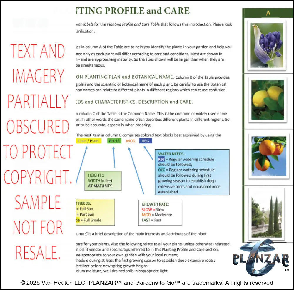 Planting guide for the L‑shaped Cézanne French Provençal landscape design, featuring plant identification photos, botanical names, color‑coded care indicators, and detailed notes on light needs, watering requirements, growth rates, and mature plant size. Includes structured guidance to support proper installation, seasonal care, and long‑term maintenance of the curated xeric planting used in this luxury, low‑maintenance, low‑water‑use Provençal garden.