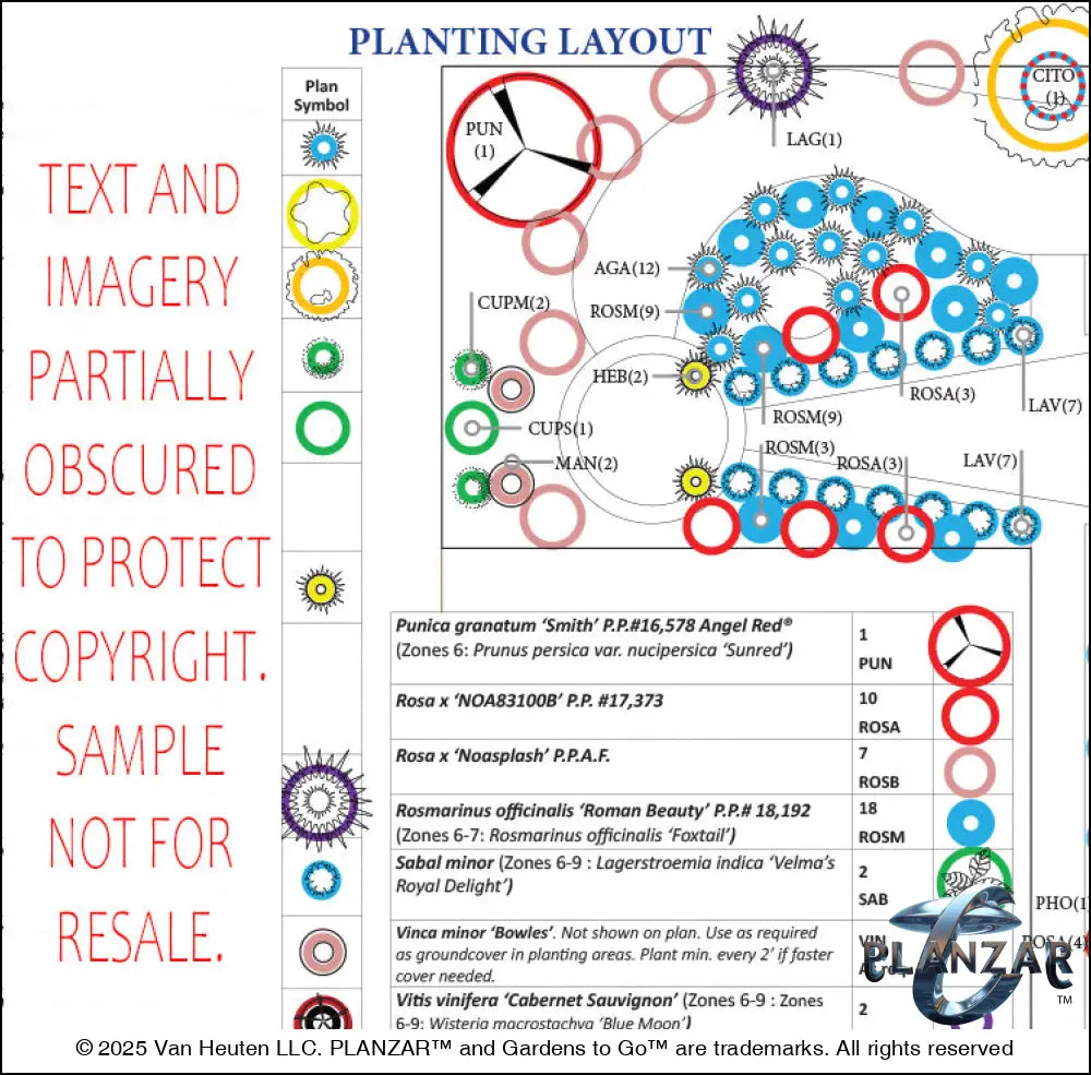 Detailed planting plan for the L‑shaped Cézanne French Provençal landscape design, showing botanical symbols, plant quantities, species abbreviations, and spatial placement across the lot. Includes a color‑coded legend, pot indicators, trellis‑training markers, and USDA Hardiness Zone notes to guide accurate installation and long‑term maintenance. A curated xeric planting layout supporting the luxury, low‑maintenance, low‑water‑use Provençal aesthetic of the Cézanne design.