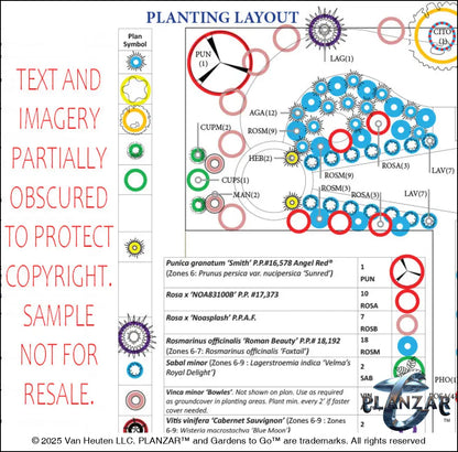 Detailed planting plan for the L‑shaped Cézanne French Provençal landscape design, showing botanical symbols, plant quantities, species abbreviations, and spatial placement across the lot. Includes a color‑coded legend, pot indicators, trellis‑training markers, and USDA Hardiness Zone notes to guide accurate installation and long‑term maintenance. A curated xeric planting layout supporting the luxury, low‑maintenance, low‑water‑use Provençal aesthetic of the Cézanne design.