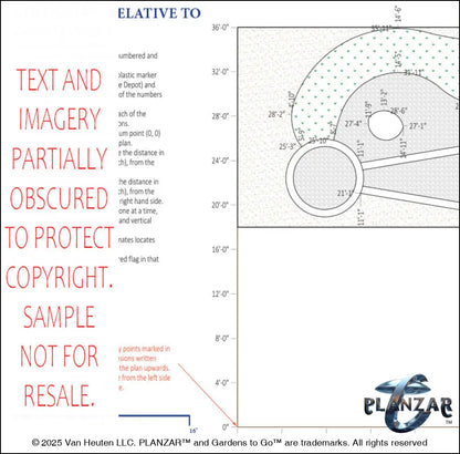 Architectural dimensions plan and layout for the L‑shaped Cézanne French Provençal landscape design, showing scaled measurements, structural outlines, spatial relationships, and reference points for accurate installation. Includes the full footprint of the L‑shaped lot, patio zones, pathways, and key design elements that support the luxury, low‑maintenance, low‑water‑use Provençal outdoor plan.