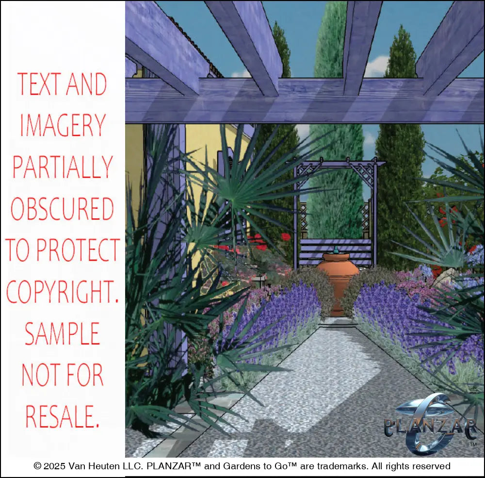 3D color rendering of the L‑shaped Cézanne French Provençal landscape design, featuring a custom pergola, sculptural water feature, refined dining and seating areas, stone patio surfaces, and curated xeric planting. The vibrant Provençal palette, layered textures, and elegant outdoor layout highlight the luxury, low‑maintenance, low‑water‑use character of this timeless Cézanne‑inspired garden.