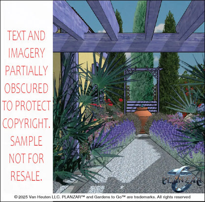 3D color rendering of the L‑shaped Cézanne French Provençal landscape design, featuring a custom pergola, sculptural water feature, refined dining and seating areas, stone patio surfaces, and curated xeric planting. The vibrant Provençal palette, layered textures, and elegant outdoor layout highlight the luxury, low‑maintenance, low‑water‑use character of this timeless Cézanne‑inspired garden.