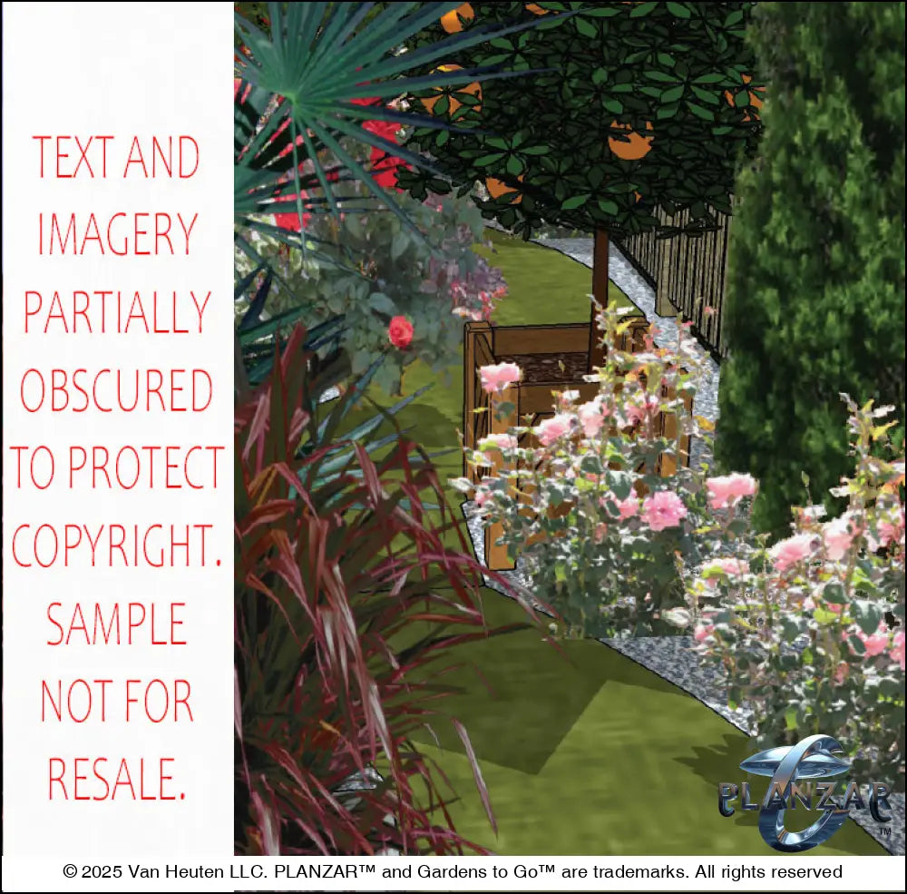 3D color rendering of the L‑shaped Cézanne French Provençal landscape design, showcasing a sculptural water feature, custom pergola, stone patio areas, refined seating and dining zones, and layered xeric planting. The vibrant Provençal palette, Mediterranean textures, and elegant outdoor layout highlight the luxury, low‑maintenance, low‑water‑use character of this timeless Cézanne‑inspired garden.