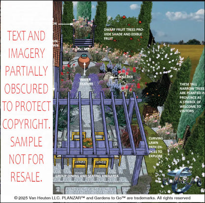 Design explanation page for the L‑shaped Cézanne French Provençal landscape plan, outlining key layout concepts, planting logic, spatial organization, and the relationship between pergola areas, water features, patio zones, and curated xeric planting. Includes visual diagrams, labeled sections, and descriptive notes that clarify how the Provençal‑inspired outdoor spaces function together as a cohesive, low‑maintenance, low‑water‑use landscape design.