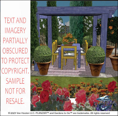 3D color rendering of the L‑shaped Matisse French Provençal landscape design, featuring a custom pergola with adjacent sitting and dining patio areas, a sculptural water feature framed by flowering pathways, elegant low walls, and curated xeric planting. Mediterranean textures, warm Provençal colors, and a cohesive outdoor layout highlight the luxury, low‑maintenance, low‑water‑use character of the Matisse design.