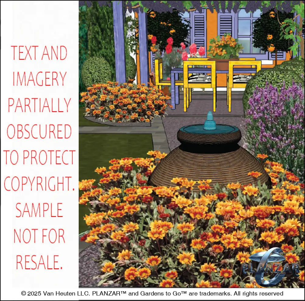 3D color rendering of the L‑shaped Matisse French Provençal landscape design, featuring a sculptural water feature centered along a flowering pathway, refined stone patio areas, elegant low walls, and curated xeric planting. The scene highlights Mediterranean textures, vibrant Provençal colors, and a cohesive outdoor layout that reflects the luxury, low‑maintenance, low‑water‑use character of the Matisse design.
