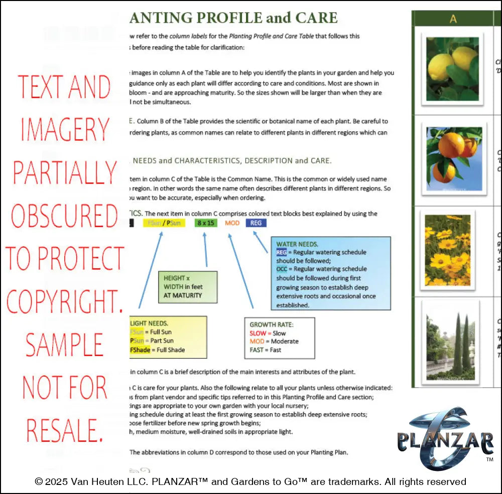 Planting guide for the L‑shaped Matisse French Provençal landscape design, featuring plant identification photos, botanical names, color‑coded care indicators, and detailed notes on light needs, watering requirements, growth rates, and mature plant size. Includes structured guidance to support proper installation, seasonal care, and long‑term maintenance of the curated xeric planting used in this luxury, low‑maintenance, low‑water‑use Provençal Garden.