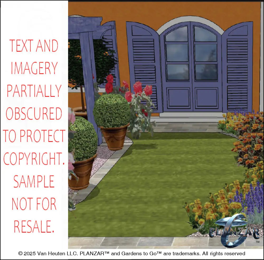 3D color rendering of the L‑shaped Matisse French Provençal landscape design, featuring a custom pergola and stone patio positioned on the left, complemented by a sculptural water feature, refined dining and seating areas, and curated xeric planting. The vibrant Provençal palette, elegant low walls, and layered Mediterranean textures highlight the luxury, low‑maintenance, low‑water‑use character of this timeless outdoor design.
