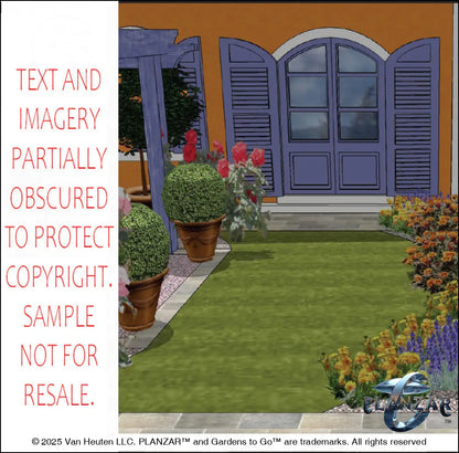 3D color rendering of the L‑shaped Matisse French Provençal landscape design, featuring a custom pergola and stone patio positioned on the left, complemented by a sculptural water feature, refined dining and seating areas, and curated xeric planting. The vibrant Provençal palette, elegant low walls, and layered Mediterranean textures highlight the luxury, low‑maintenance, low‑water‑use character of this timeless outdoor design.