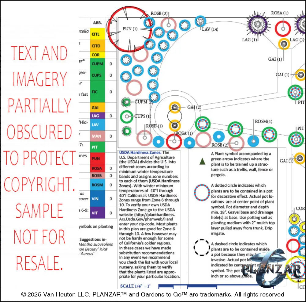 Detailed planting plan for the L‑shaped Matisse French Provençal landscape design, showing botanical symbols, plant quantities, species abbreviations, and spatial placement across the lot. Includes a color‑coded legend, pot indicators, trellis‑training markers, and USDA Hardiness Zone notes to guide accurate installation and long‑term maintenance. A curated xeric planting layout supporting the luxury, low‑maintenance, low‑water‑use Provençal aesthetic of the Matisse design.