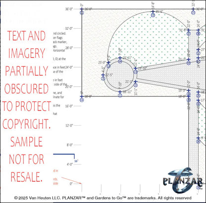 Architectural dimensions plan and layout for the L‑shaped Matisse French Provençal landscape design, showing scaled measurements, structural outlines, spatial relationships, and reference points for accurate installation. Includes the full footprint of the L‑shaped lot, stone patio zones, pergola placement, low wall locations, and key design elements that support the luxury, low‑maintenance, low‑water‑use Provençal outdoor plan.