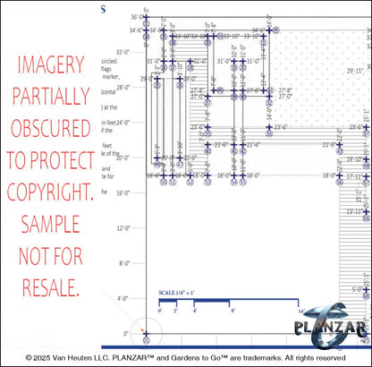 Architectural dimensions plan and layout for the L‑shaped Mid‑Century Modern landscape design, showing scaled measurements, structural outlines, spatial relationships, and reference points for accurate installation. Includes the full footprint of the L‑shaped lot, wood‑decking patio zones, shade‑structure placement, modern outdoor fireplace location, low walls, grilling area, and small lawn layout—supporting the luxury, low‑maintenance, low‑water‑use character of this iconic Mid‑Century Modern outdoor plan