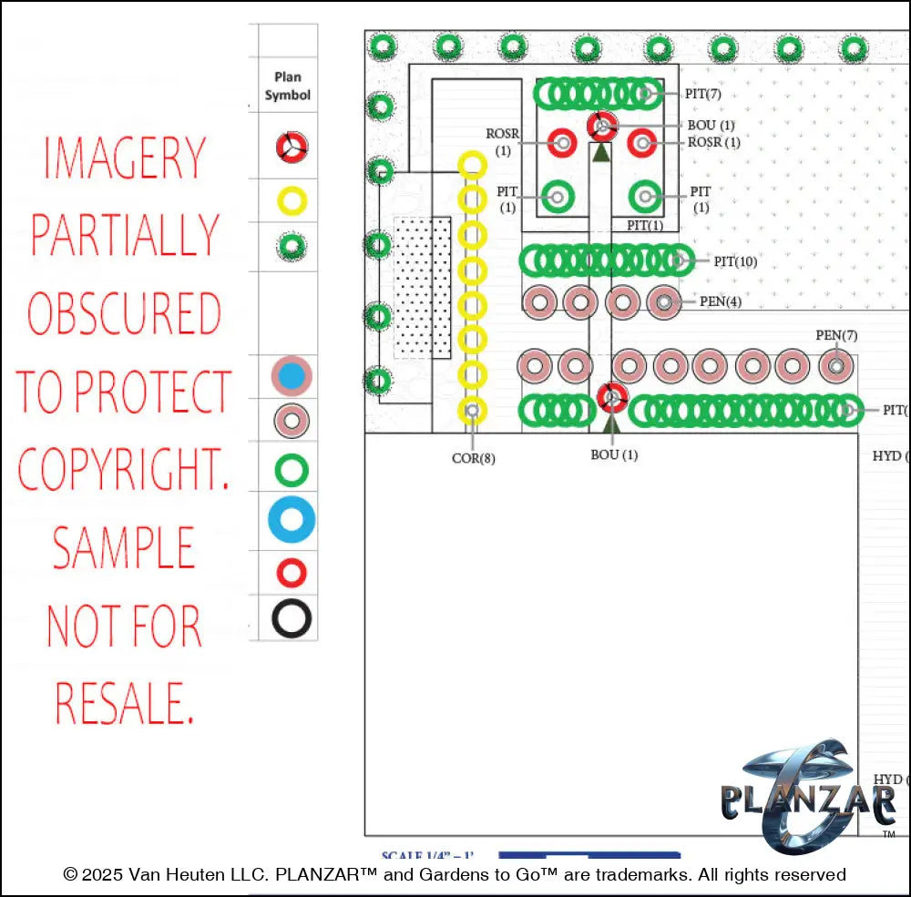 Detailed planting plan for the L‑shaped Mid‑Century Modern landscape design, showing botanical symbols, plant quantities, species abbreviations, and spatial placement across the lot. Includes a color‑coded legend, pot indicators, trellis‑training markers, and USDA Hardiness Zone notes to guide accurate installation and long‑term maintenance. A curated xeric planting layout that supports the luxury, low‑maintenance, low‑water‑use character of this iconic Mid‑Century Modern outdoor plan.
