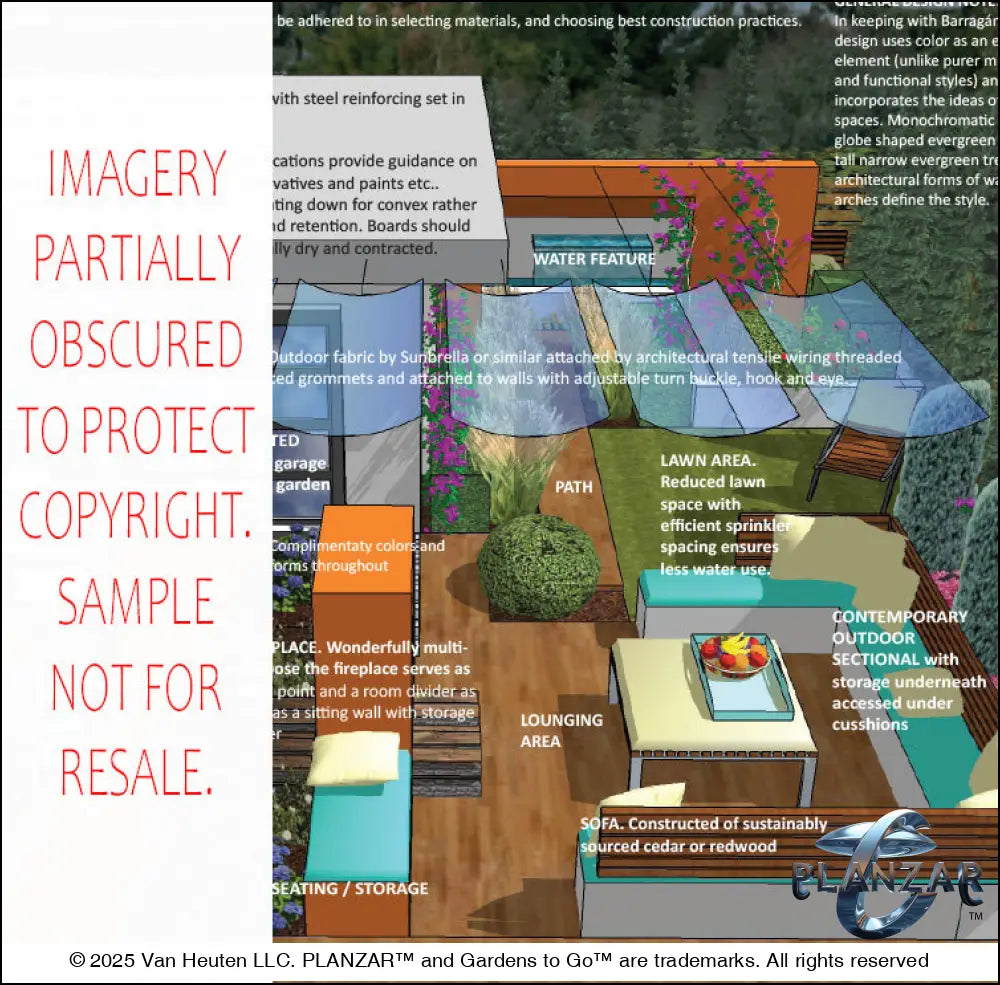 Design overview explanation notes for the L‑shaped Mid‑Century Modern landscape plan, outlining the layout logic behind the custom shade structure, sculptural water feature, modern outdoor fireplace, wood‑decking patio zones, grilling area, small lawn, and curated xeric planting. Includes annotated diagrams and written guidance that clarify spatial flow, functional zones, material choices, and the overall luxury, low‑maintenance, low‑water‑use Mid‑Century Modern outdoor concept.