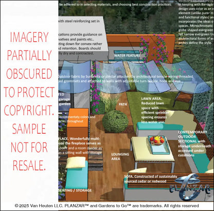 Design overview explanation notes for the L‑shaped Mid‑Century Modern landscape plan, outlining the layout logic behind the custom shade structure, sculptural water feature, modern outdoor fireplace, wood‑decking patio zones, grilling area, small lawn, and curated xeric planting. Includes annotated diagrams and written guidance that clarify spatial flow, functional zones, material choices, and the overall luxury, low‑maintenance, low‑water‑use Mid‑Century Modern outdoor concept.