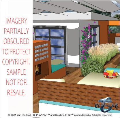 3D color rendering of the L‑shaped Mid‑Century Modern landscape design, featuring a custom shade structure, sculptural water feature, modern outdoor fireplace, refined dining and seating areas, wood‑decking patio spaces, curated xeric planting, a small lawn area, and elegant low walls. Clean lines, warm wood tones, and iconic Mid‑Century Modern geometry highlight the luxury, low‑maintenance, low‑water‑use character of this contemporary outdoor plan.
