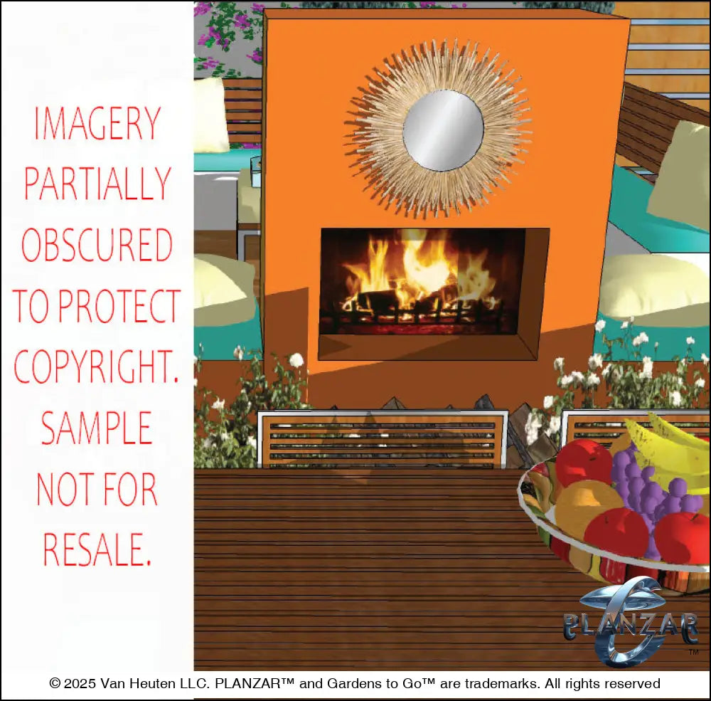 3D color rendering of the L‑shaped Mid‑Century Modern landscape design, showcasing the custom shade structure, sculptural water feature, modern outdoor fireplace, wood‑decking patio spaces, refined dining and seating areas, curated xeric planting, elegant low walls, and a small lawn area. Clean lines, warm wood tones, and iconic Mid‑Century Modern geometry emphasize the luxury, low‑maintenance, low‑water‑use character of this contemporary outdoor plan.